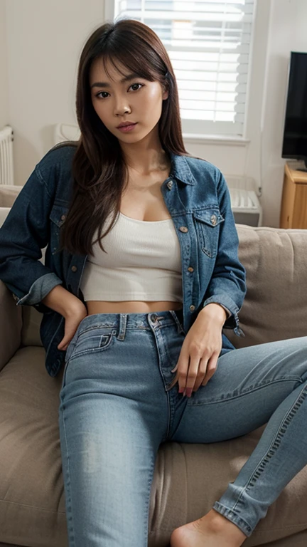 1girl,solo,best quality, masterpiece, 8k,raw photo, photo (object), extremely detailed, raw,realistic,sitting, looking at viewer,jeans,white t-shirt,long hair,black hair, couch,