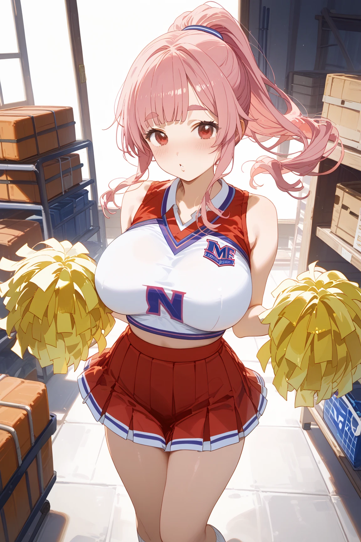 photoreal, 18 year old japanese woman, smile, extremely long pink hair, (gigantic breasts:1.2) (puffy nipples:1.2) sweat, sweaty body, shiny skin, gold miniskirt, sagging breasts, (Extremely thin and slender lower body:1.1) gold thighhighs, standing on stage, nightclub, holding yellow pom-poms