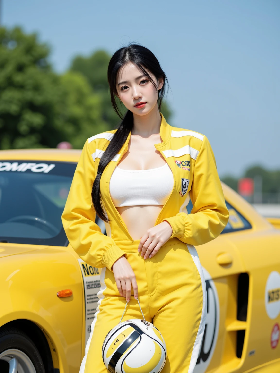 the Extremely Detailed CG Unity 8K Wallpapers, Best Quality, Ultra-detailed, masutepiece, Realistic, photographrealistic, extremely detailed cute girl, 25-years old,
(Wearing a grid girl costume with sponsor's logo printed on it:1.3), (Shorts) , (Sitting in a motorsport race), (cleavage), Smile , Half body shot , short hair