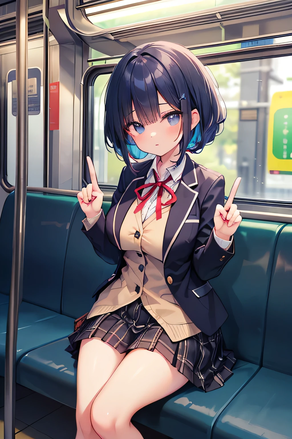 table top、High resolution、2 people、2 peopleの女の子、twins、2 peopleの可愛い女の子、big and full breasts、naughty body、underwear only、see-through、pink lingerie、throw、sit on the seat、Looking up at me、confused face、blush、black pantyhose、The shape of a woman's private parts is clearly visible、nipples are visible、navy checkered skirt、micro mini skirt、very short skirt、trainの中、train、molestation、A man touches my body、a lot of people、in the crowd、man sitting next to、A man also touches my thighs、open your legs、no panties、Pick up your clothes、Naked breasts、