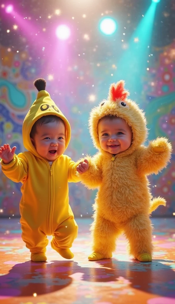 An Indian student smiling happily between a person wearing a raccoon costume and a person wearing a peanut costume