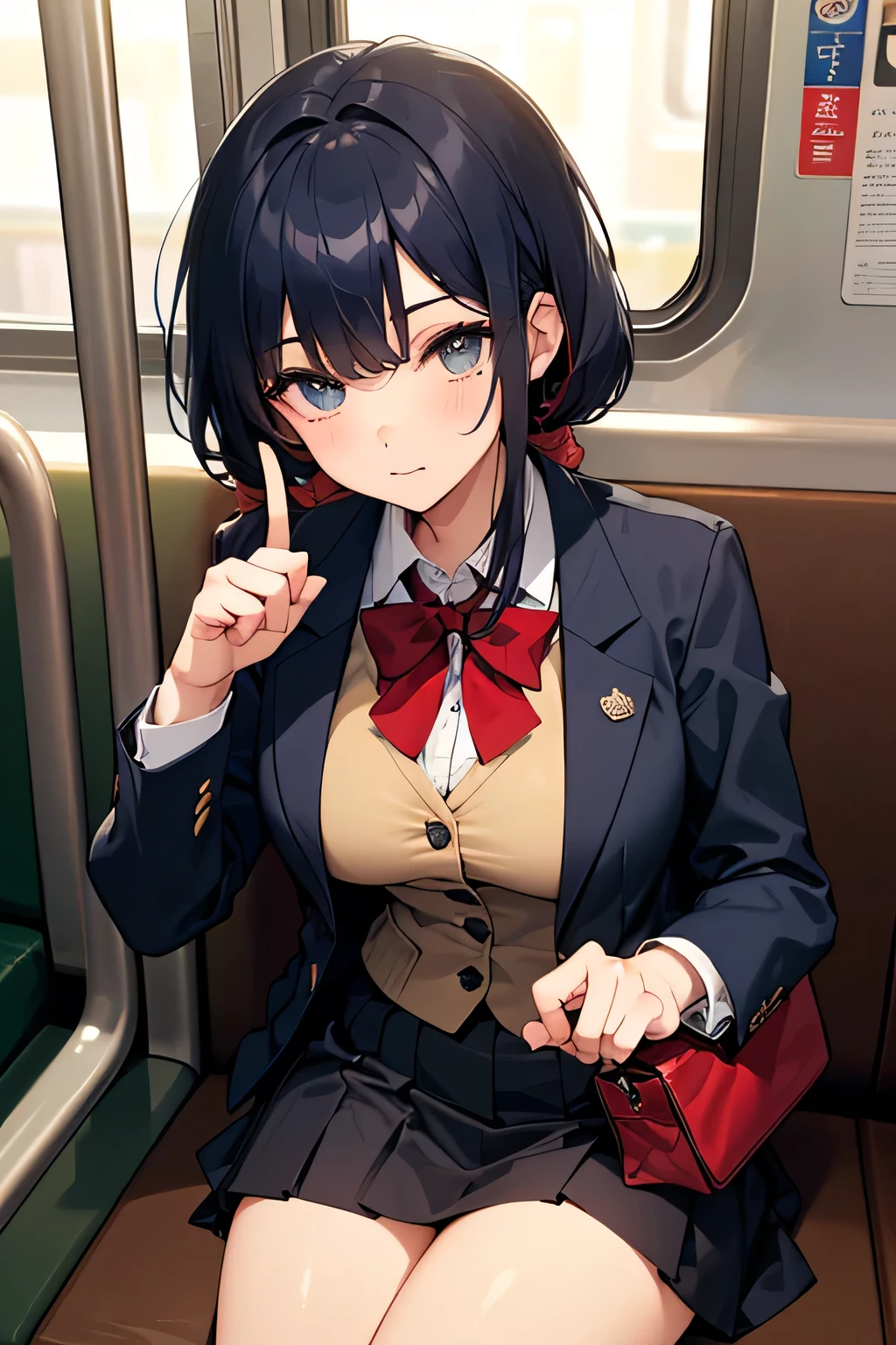 Highest Quality、high resolution、(high image quality:1.3)、masterpiece、detailed background、(very detailed face:1.3)、(detailed eyes:1.3)、age beauty、huge breasts、(Normal number of fingers:1.3)、anatomically correct、perfect body line、Bright-colored hair、braided bob cut、 subway、 on her way to school、The uniform is a winter blazer uniform with a dark blue blazer with a red ribbon、plaid pleated skirt、School bag、Her eyes are thick、her hands are lightly placed on her lap、
( subwayの電車の座席に座り眠りに落ちている少女:1.5)、(Girl sleeping on a train seat:1.5)