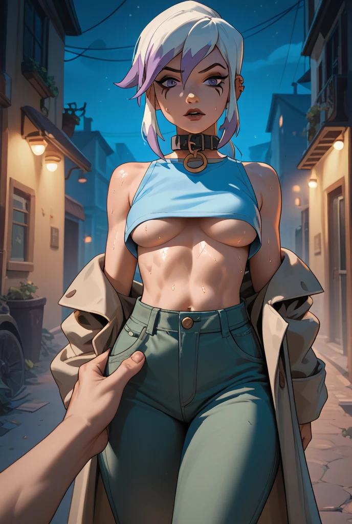 professional photograph shot on Canon EOS R6, moody lighting, 80mm, 1girl, light blue hair, [very short hair| very long braids], blue eyes, edgy, [green bodysuit|blazer|asymmetric dress], underboob, scenery, y dancing in front of a graffiti-covered wall, rebellious, street fashion, platform heels, very sexose, By art germ