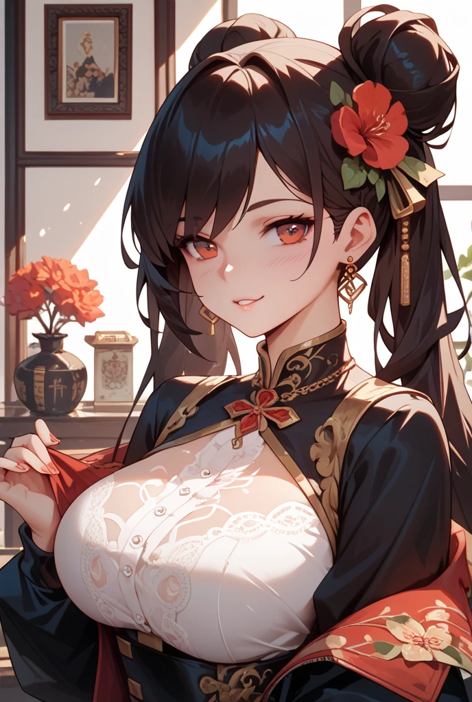 (masterpiece, best quality: 1.2), traditional Chinese ink painting, A cute 18 year old prostitute with medium breasts, sexy white lace , Oversized dress :1.5, Couch, Ultra-detailed face, Detailed eyes, Double eyelid, sfw , evil smile:1.4 ,emphasizing slender abs :1.3