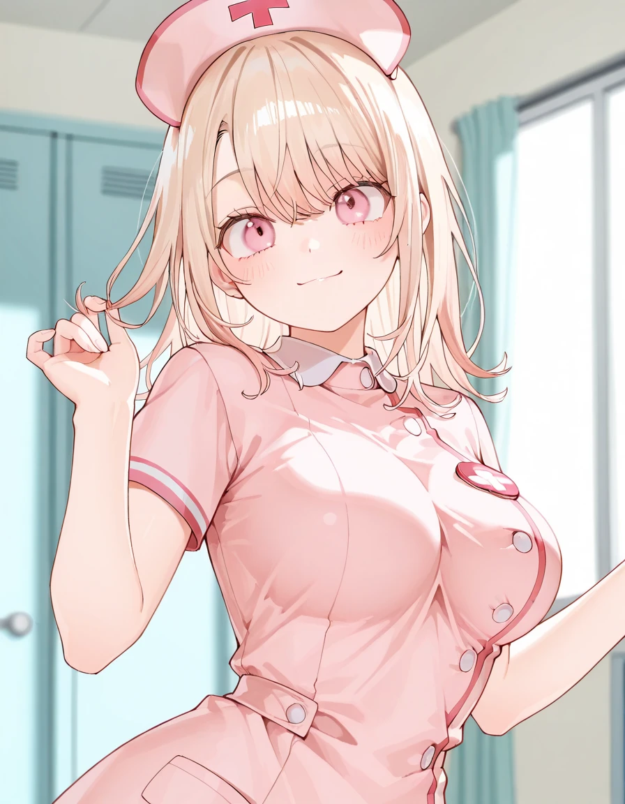 masterpiece, best quality, 1 girl, detailed beautiful face, ((pink nurse)), bent over, down blouse, sort hair, waved hair, twintail, blonde hair, nurse uniform with a few buttons unbuttoned, smiling, (small breast), (flat chest), sweat, smiling, multiple views
