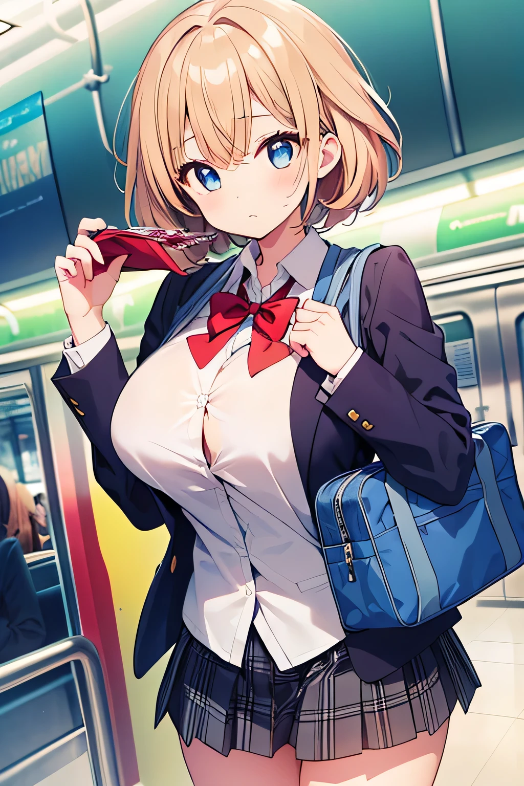 1girl, solo, skirt, blonde hair, hair ornament, bag, clothes around waist, thigh strap, smile, breasts, school bag, school uniform, short hair, shirt, gyaru, jewelry, looking at viewer, pleated skirt, choker, hairclip, bow, white background, white shirt, simple background, earrings, blue eyes, black skirt, sweater around waist, bangs, collarbone, black choker, cardigan, sweater, kogal, red bow, bowtie, cleavage, piercing, blush, large breasts, x hair ornament, standing, cardigan around waist, bracelet, collared shirt, mole, ear piercing, grin, thighs, miniskirt, watch