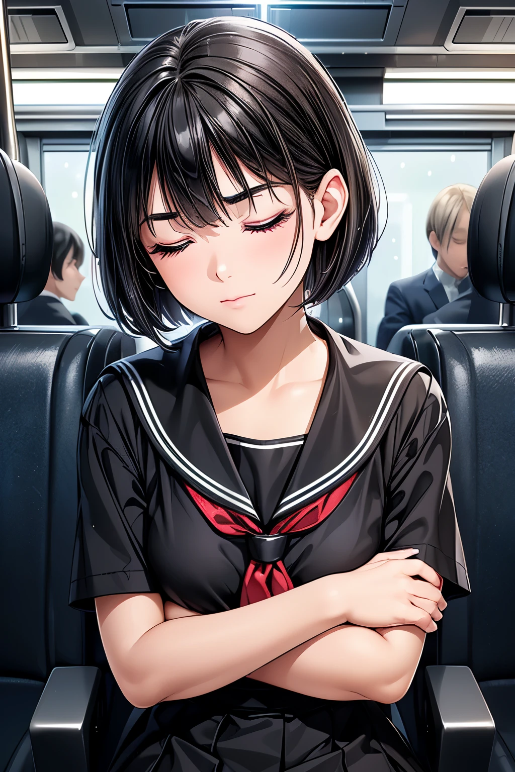 1 girl, BABY FACE:1.5, cute:1.5, small:1.5,
in their 40s
((sailor suit)),
((black hair:1.2), (no forehead visible :1.2), (bob cut : straight hair + Trim the tips of the hair evenly):1.2),
((Slender Body)),
(( dark eyes:1.3), (droopy eyes:1.4), (eye highlights:1.2), (Sparkling Eyes:1.2)),
(( Thick Black Eyeliner :1.3), (dark bluish eyeshadow that is cut at the height of the hair:1.3), (false eyelashes:1.3), (fine eyebrows:1.3), (glitter eyeshadow:1.3), (eyeliner under eyes:1.3)),
in their 40s
((underground鉄の電車:1.2), underground, (crowd:1.2)),
((sit on a train seat, (crossed arms:1.3), (Lower your neck:1.3))),
full body,
from below:1.2, low angle:1.2,
in their 40s
(blanking:1.3), (closed eyes:1.3),
in their 40s
Symmetrical Face, detailed face,
beautiful hair,
double eyelid, fine eyebrows,
detailed eyes, Beautiful eyes that shine on her belly , Shining Eyes,
glossy lips, beautiful lips,
detailed skin, beautiful skin,
in their 40s
(Highest Quality), (masterpiece:1.3), (Super Detail), (photorealistic:1.3), (high resolution), 16k, 1080P, Full HD, Highly Detailed CG, realistic, anatomically accurate