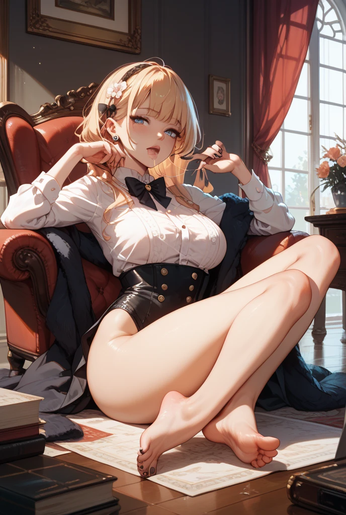 ((Highest quality)), ((masterpiece)), (detailed), the cartoon girl is sitting on the couch wearing a pink outfit, 1girl, 独奏, thighhighs, twintails, pelvic curtain, white thighhighs, double bun, medium breasts, long hair, sunflower hair, blush, blue eyes, looking at viewer, chinese clothes, sitting, spread legs, open mouth, tongue out, naughty face, erect nipples, cameltoe, sweat