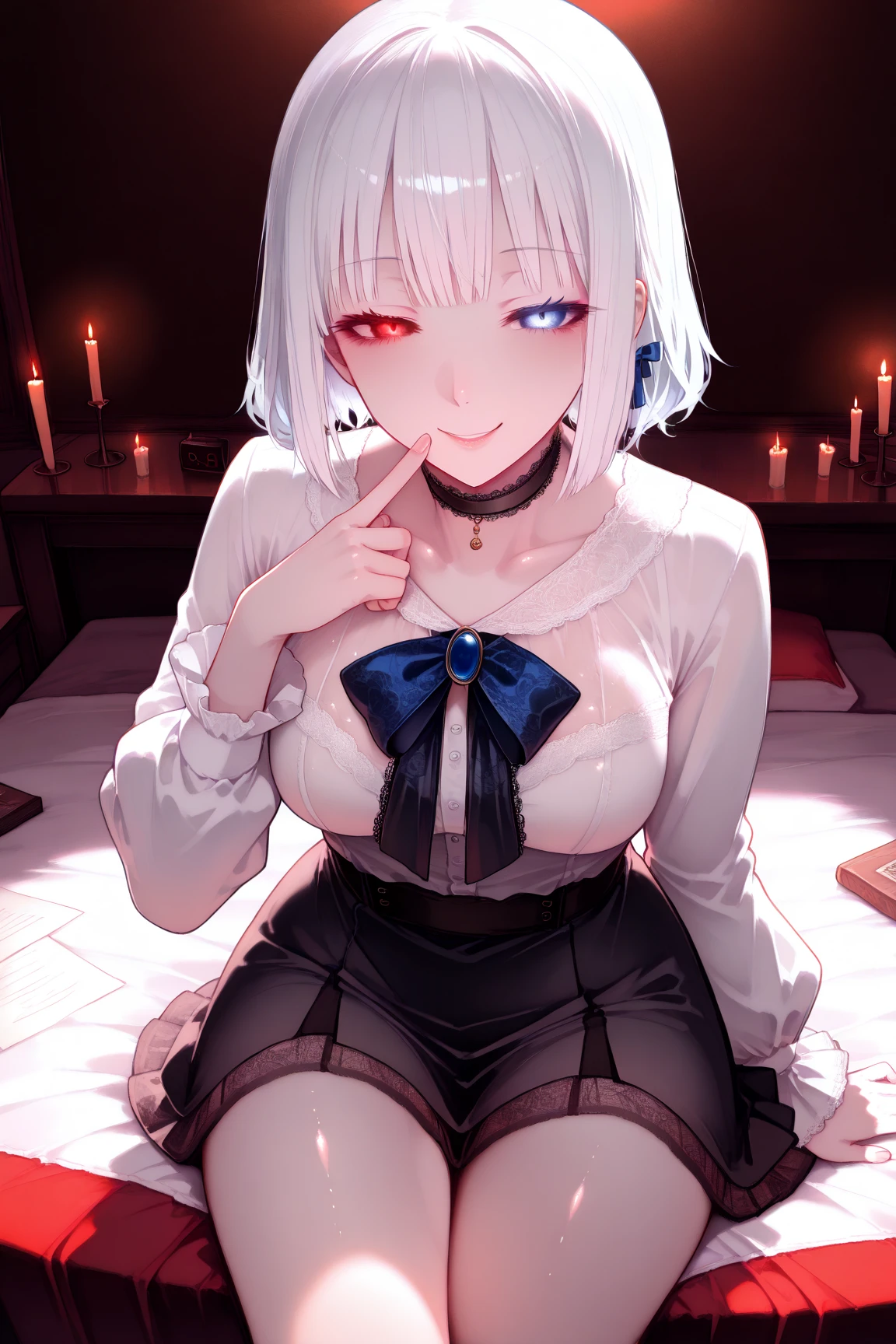 work of art, best qualityer, high resolution, 1girl horns short hair demon tail, white shirt black ascot black gloves black pants black vest lying on your back, sheet, arms up,evil smile