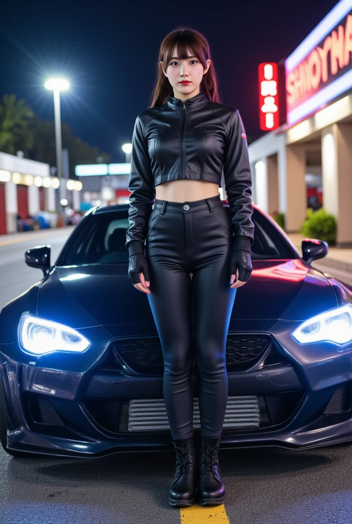 A high-energy anime-style or realistic illustration of a cool female street racer in front of or inside a sleek custom racing car (e.g. drift car, supercar, or sports bike). She wears a fitted racing suit or stylish streetwear (leather jacket, gloves, boots, racing gloves, etc.), with edgy accessories like visors or headsets.
Her expression is confident or mischievous. The scene takes place in a neon-lit urban city at night or on a racetrack with sparks, tire smoke, neon trails, and glowing lights. The vehicle may have detailed decals, spoiler, and LED underglow. Optional: motion blur, low angle camera, or "ready to race" pose