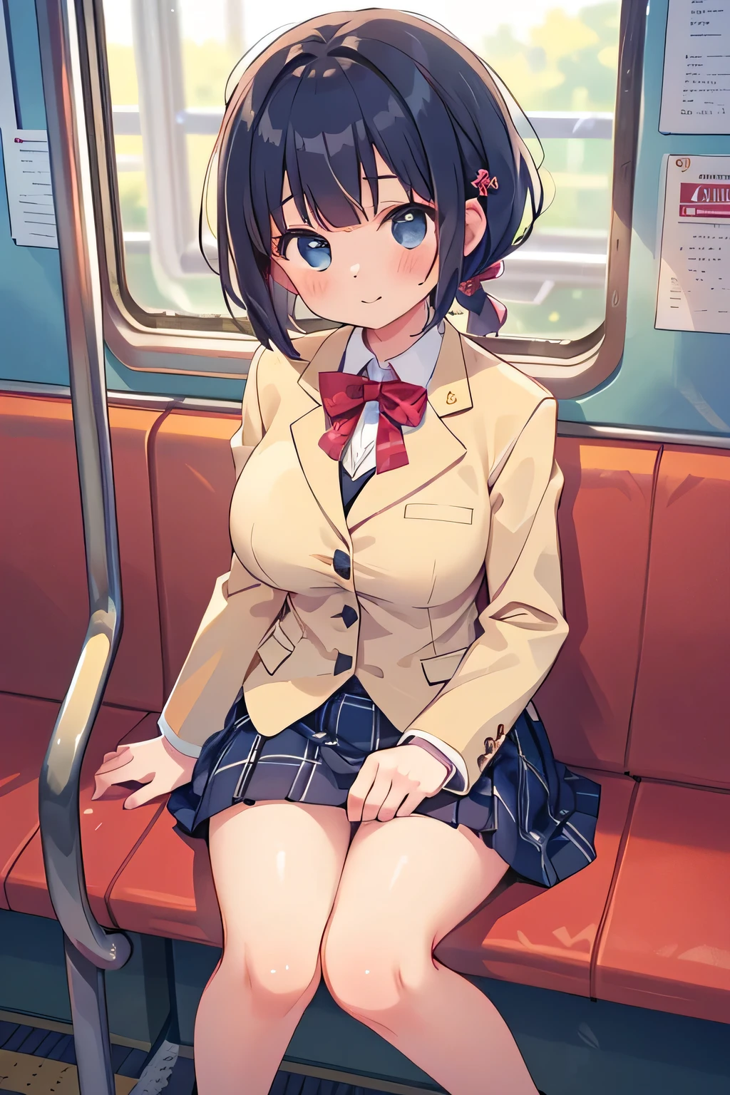 NSFW,4K,Gal:1.3,Anatomically correct,school uniform:1.3,A pure and innocent girl, Very cute face, Like an idol, (masterpiece:1.2), (high quality),Hip, Blue Skirt, alone, Blazer Type, loose socks, Lifting clothes, Brown eyes, pure gaze, mini skirt, Lift yourself up, Check skirt, blush,(Sweating profusely),physical education, Beautiful legs, ((in the train))