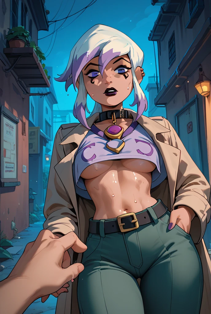 score_9, score_8_up, score_7_up,, , 1girl, , league of legends, league of legends riven, white hair,  breasts, wide hips , pussy ,riven , cropped latex jacket, upper body, nipples, covered in used condoms, condom belt, , fishnet pantyhose, fishnet top, prostitute, slutty. seductive, , dark alley setting,