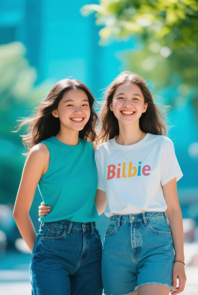 (conjoined_dicephalus), (2heads), 16-year-old white girl with four heads, long blonde ponytail, blue eyes, wearing a tie-dye v-neck t-shirt, at a summer camp, happy