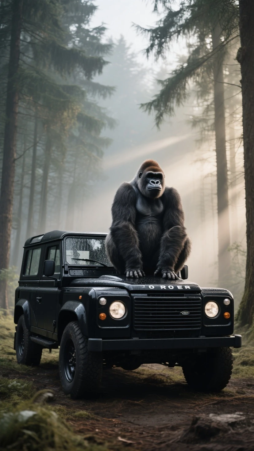 king kong chasing a white lghtwght land rover with a scared driver, red racing stripes, high speed chase in the jungle, at night, lights, full moon, cinematic, dramatic light, in motion, motion blur,
 <lora:Lightweight_Land_Rover_SDXL:0.7>