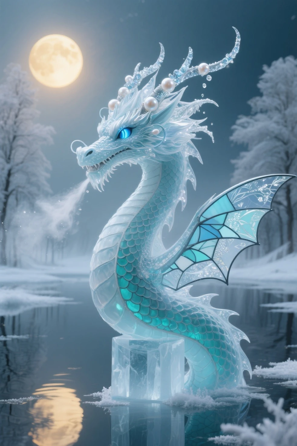absurdres, highres, ultra detailed, HDR, master piece, best quality, small white dragon, cute, solo, magic, ice flowers, snowflakes, ice, magical, fantasy, glass, ice moon, starry sky, ice style