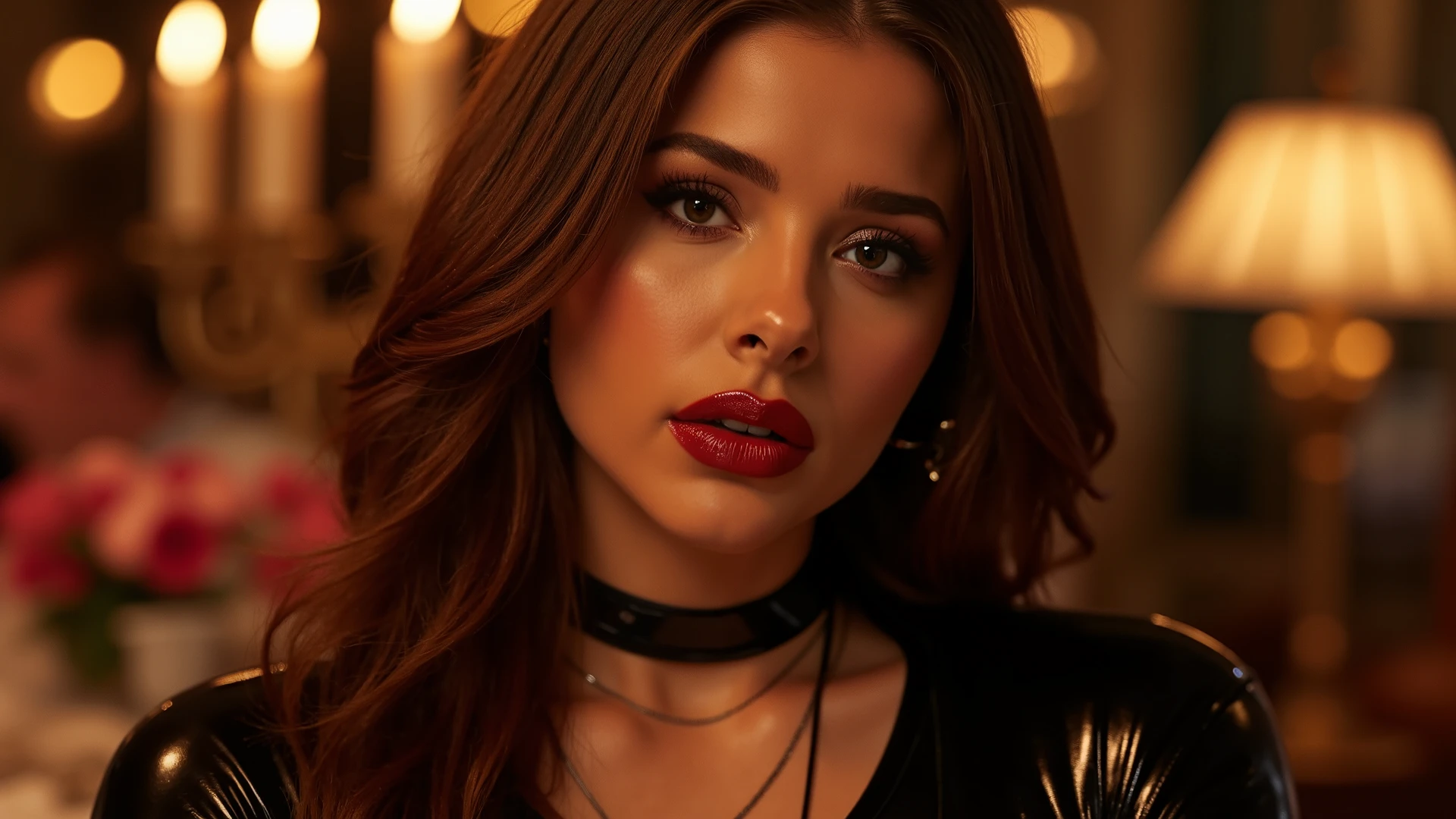 beautiful full body portrait, red lip gloss, latex catsuit, euphoria, brown hair, shiny lips, glossy lips, reflective lips, eye contact, on a dinner date