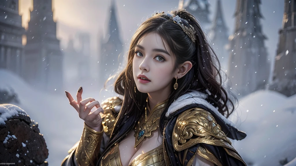 ((highest quality)),(ultra high resolution),(Super detailed),(detailed description),((best CG)),(best work of art),super precision art,great drawing art,(Fantasy art with precise details:1.5), (One queen:1.5),Beautiful face 1.5,make:1.6,Confident smile:1.4,rest one's chin on one's chin:1.5,(A luxurious and gorgeous dress with intricate details:1.5),(A sparkling crown encrusted with jewels:1.4),Wang Wat:1.2,Luxurious throne:1.5, Chandelier with magical light:1.6 Dark, brown hair. Looking down at you while sitting at the throne with a cold look.