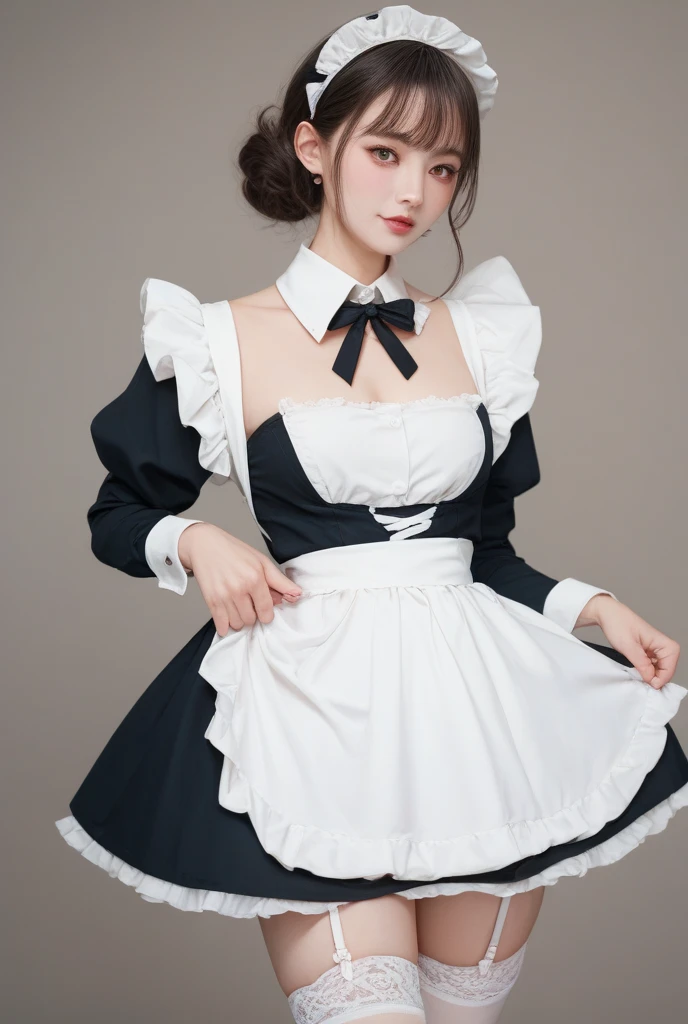 ((masterpiece, best quality, Highest image quality, high resolution, Reality, RAW photos, 8K)), ((Extremely detailed CG unified 8k wallpaper)), 75mm lens,close up,Bust,Overlooking,(Huge stunning goddess photo, Very hot and sexy, Stunning beauty, Perfect proportion, Beautiful Body, slim body beautiful:1.4), ((1 young woman, Detailed face and eyes, Pretty Face, Ponytail, Cute cat ears,Lace cat ears,Glowing skin, Realistic skin texture, Wearing a maid outfit, (((Large Breasts),Chest hollow,Cleavage)),Sitting at the table with legs spread, Put one leg on the chair, Coffee Shop,((猫耳Headdress,Lace cat ear girl,Cat ear headbands)),Dynamic poses, Long sleeve, Large Breasts, Big Ass)), ((Black maid outfit, Long sleeve, Long skirt, White apron, Headdress, High heel ))),