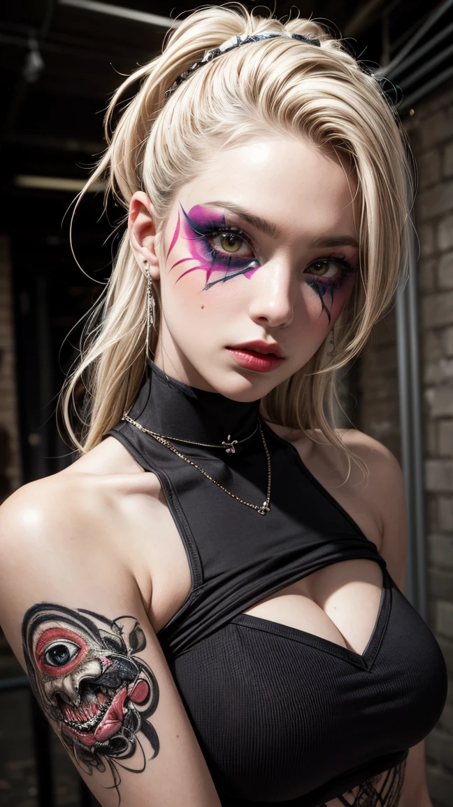 A beautiful and sweet cyberpunk blonde, a digital painting of a woman with Love Makeup with arrows, Heart-shaped makeup, cgsociety, gothic art, dystopian art, detailed painting, behance hd, figurative art, anime aesthetic, deep photography, Ilford HP5 film, crushed blacks, depth of field, dark photo, film grain, shadows, natural light