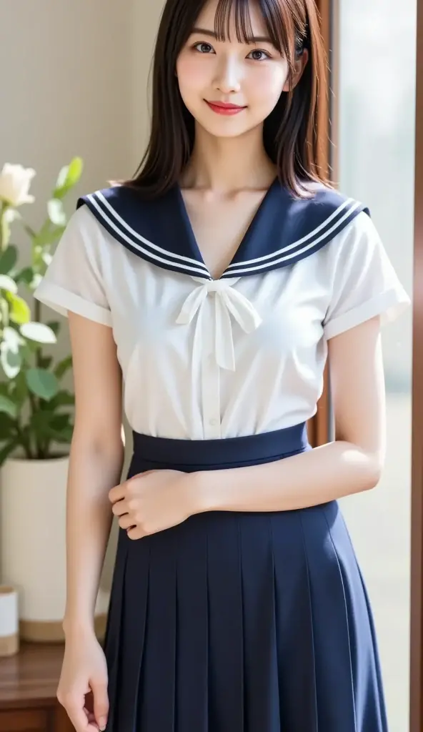 最high quality、high quality、best image quality、8K、最High resolution、High resolution、最high quality、masterpiece、RAW photo、whole body写真、Realistic human body in every detail、Realistic skin in every detail、Realistic face in every detail、Realistic eyes in every detail、Realistic lips in every detail、Realistic teeth in every detail、Realistic ears down to the last detail、Realistic hair down to the last detail、Realistic arms down to the last detail、Realistic reproduction of every detail、Realistic fingers in every detail、(fine hands、thumb1reference4)、Realistic feet in every detail、((beautiful japanese girl))、(japanese model)、((18 year old beautiful girl))、(black hair)、(straight hair)、((whole body))、((Upward beautiful breasts、Medium chest))、(slim style、slender style)、(whole body光沢肌、Fair skin)、Detailed and realistic human body、detailed realistic skin、detailed realistic face、detailed realistic arms、detailed realistic fingers、Detailed realistic feet、soft natural light、sailor suit、school uniform、junior high school、high school、Junior School、japanese school uniform、((transparent see-through(クロップトップsailor suit、Saitting on a desk in a school classroom(Panties are visible through the gap in the skirt))