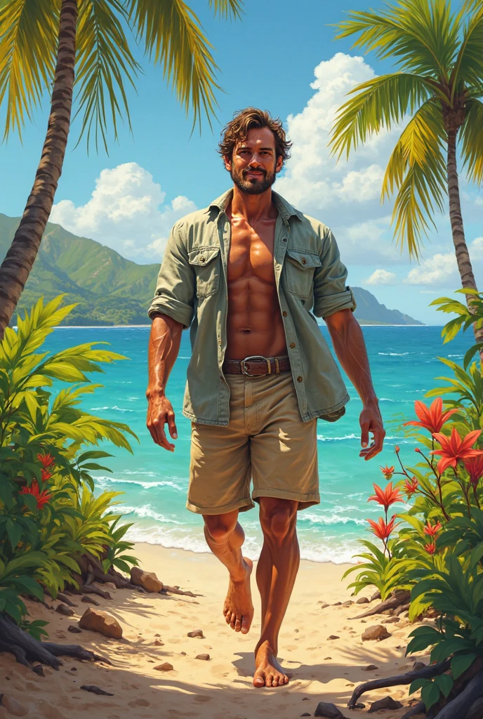fullbody oil painting, fullbody a handsome male, fullbody, 20 years old hot man, latino male, perfect proportion, fullbody, detailed, Renaissance, shirtless, drapery, well shaped muscles, veiny arms, very tall male, the man has a fantastic hairstyle, the man has a sly look and alluring facial expression, extremely detailed and symmetrical facial features that highlight his beauty, the man has a beautiful pose, nest to a blue metal land rover car, Caravaggio, dimly lit, oil on canvas, brushstrokes, plantation house, river, mountans, shadows, obscure, Watercolor, trending on artstation, sharp focus, studio photo, intricate details, highly detailed, by greg rutkowski