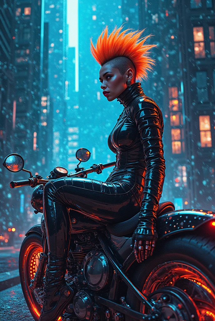 Concept art of a dark navy blue futuristic vehicle with a mesmerizing cool, metallic sheen,  A Lacquer art,  Beautiful Punk Rock Mohawk Monkey and a 1950s-style Glass art  female sci-fi character named Captain Zara Starlight. She wears a sleek black latex jumpsuit  wearing female with fully. An Glass Blown Marblelized illustration of a a 1950s-style Glass art  female Monkey sci-fi character named Captain Z. She wears a sleek Black/Orange latex jumpsuit  with Black/Red spiked leather jacket, dark ^ background, inlaid gold and silver pattern, intricate detail, negative spaceNeonlight sparkling skateboard Monkey in hazel/red neon suit.[ BLACK/BLUE ROCKET EXPLODING] she's in a Neon green threetone block forrest. Double Neonlight Exposure viewed through the intricate lens of a stained glass window. Use COLOR1 and COLOR2 as the dominant glass colors, allowing light to filter through and create a sense of otherworldly beauty    in a cyberpunk cityscape dominated by shades of electric blue.