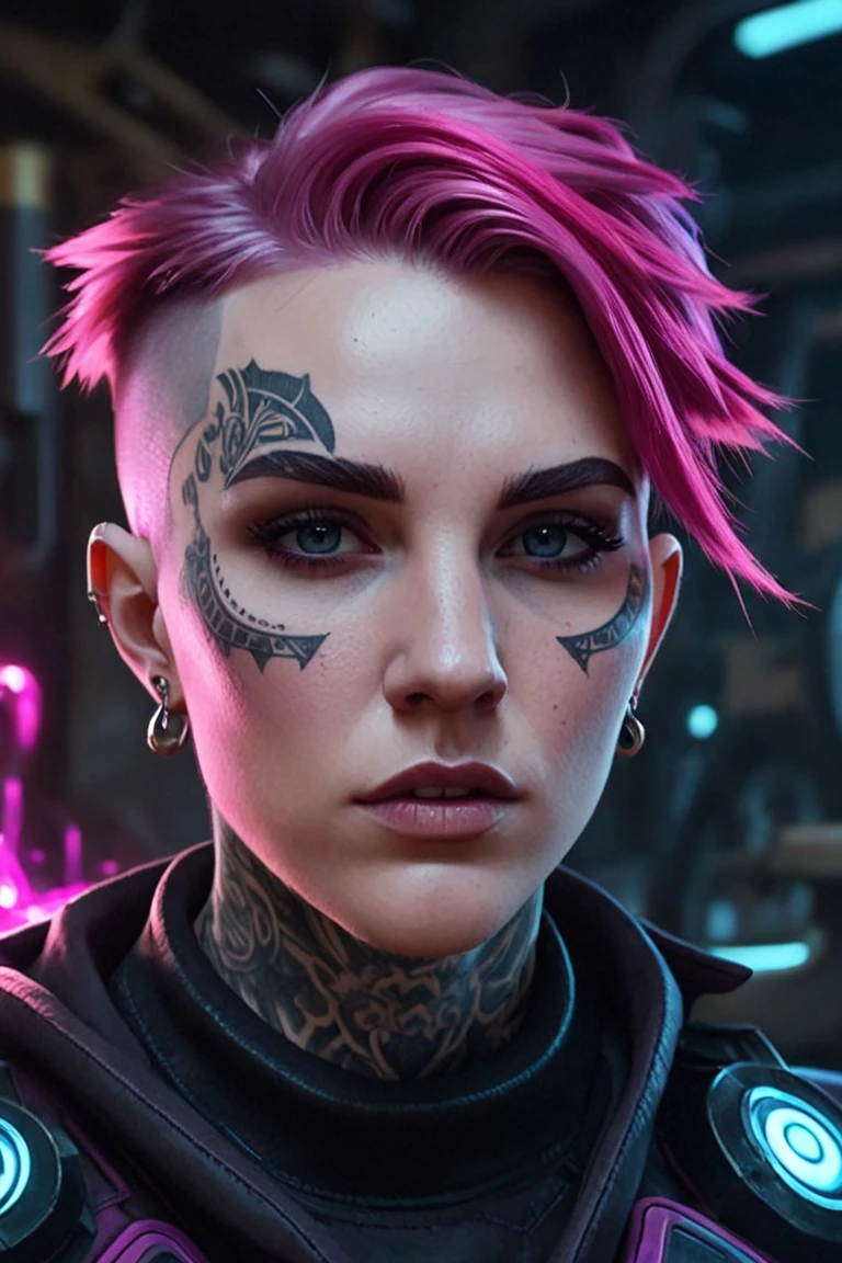 Punk Mech Clothes with Short Pink Haired Girl, Tattooed, Piercing, Black Leather, Carbon Fiber, Battle Status, Hyper Detailed, Digital Art, Cyberpunk Style, Cyberkinematic Lighting, Studio Quality, Smooth Rendering, Unrealistic Engine Rendering 5, Rendered Octanage, Klimt and Nixeu Art Style and Ian Sprigger and Wlop and Krenz Cushart