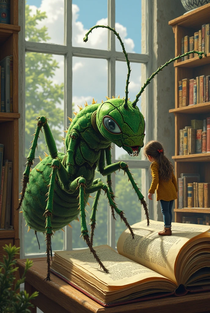 I want a big grasshopper , unreal green , Giving advice to a  in 1700s clothing, with white eyes I want them to be in a wooden room around books , and fairies and elves upon them * 