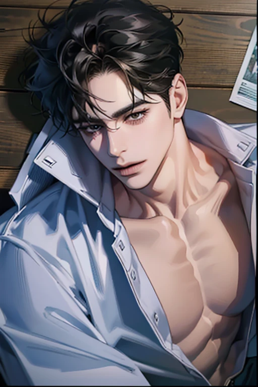 (masterpiece,best quality,ultra_detailed,highres,absurdres),1 mature male, 30-ish, (wide shoulder), ((no chest hair)), male focus, solo, short black Quiff hair with Soft Fringe (bangs part on side 3:7 ratio), simple background, blue eyes, upper body, short hair, looking at viewer, parted lips, round eyewear, wet hair, shirtless, wearing thing, muscular and slim, with earrings and necklace, with sunglasses, bedroom background. Sexy, mature sex. Romantic sex,