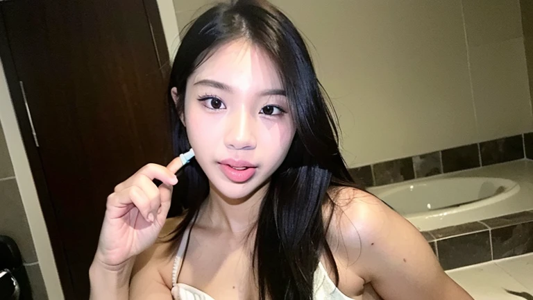 Una mujer hermosa de ojos grandes y labios lindos, mirada arrepentida y una mano masculina sosteniendo su rostro, cabello rubio y lisa de blackpink idol face, jennie de blackpink idol face