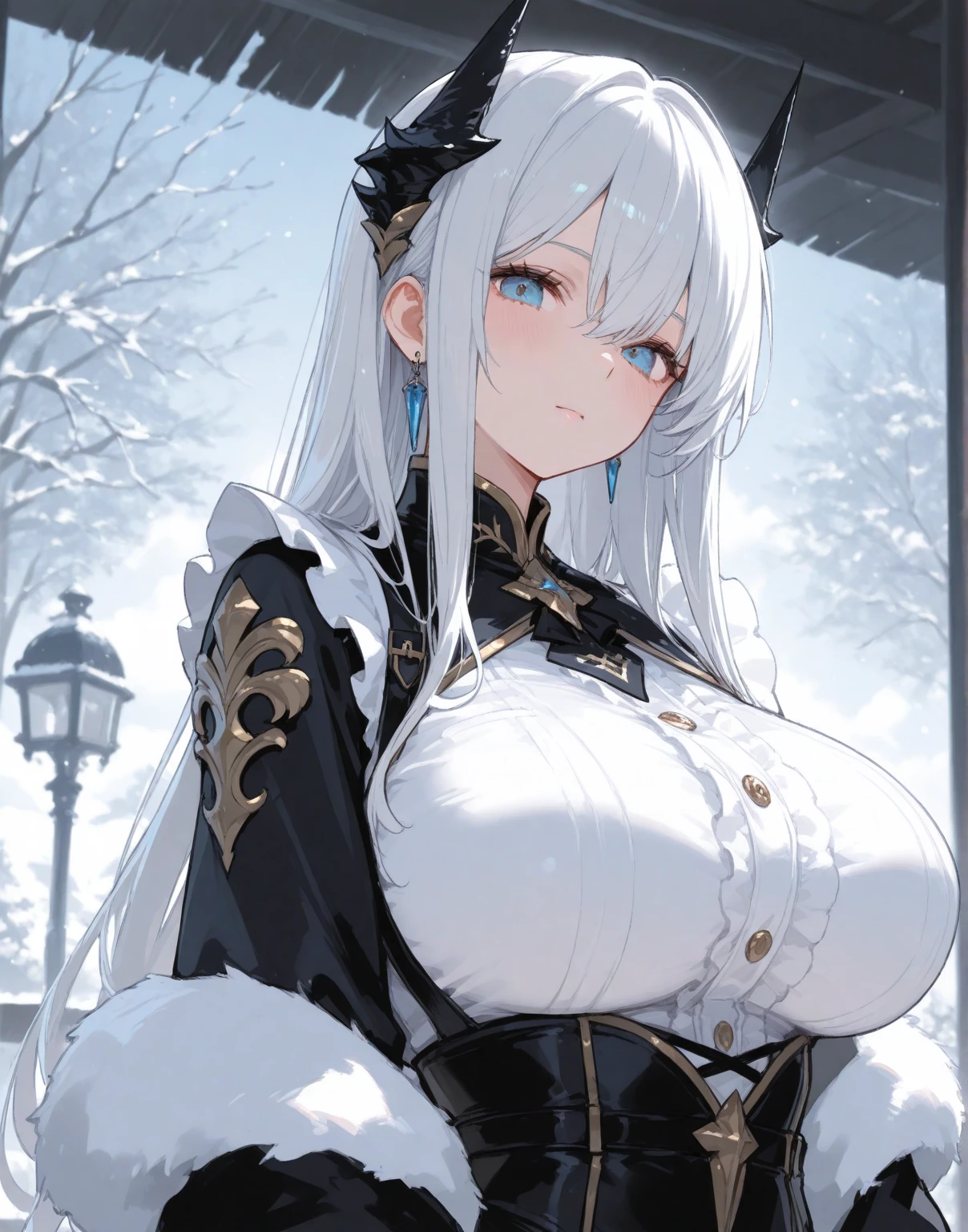 [[[ ultra-detailed, best quality, soft skin, beautiful, 4K]]] white hair, blue eyes, tied-up hair, slender body, dynamic angle, chainmail, white armor, white fox ears, calm expression, female, snowy palace gardens background, serious expression. walking angle, ((little horny smile)) to masch them über hugest big huge massive largest bigger biggest breasts 