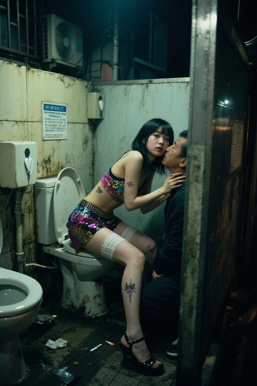 David fincher lighting style realistic, Thailand ladyboy penis cock dick, half asian, near future, black hair, short angled bob haircut, straight hair bangs,the hair has blue hair streaks and pink hair streaks, flat chested , black thigh high socks, background, city apartment, sexy, pretty skin, fully naked shemale, shes transsexual, sexy, ladyboy penis, cock, dick , she cock, sex pot, sissy, gay ladyboy penis, femboy body, penis, wearing a dog collar and leash, porn, pornography, a big large man, is behind her naked, the man is fat 48 year old naked, motel room, she is on all fours