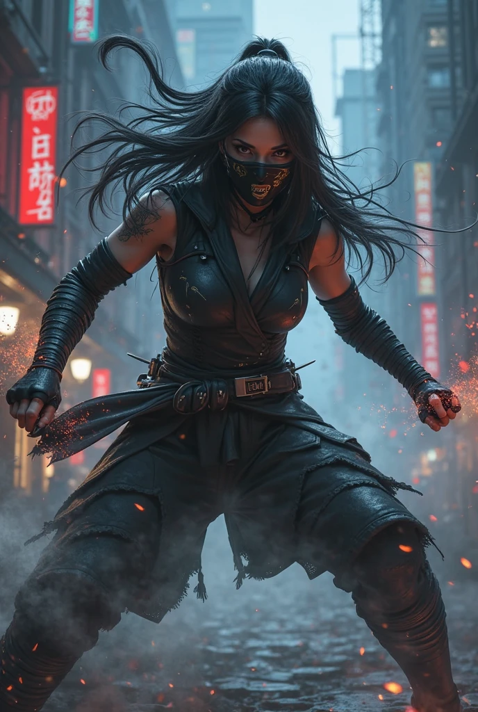 Heavy metal ninja Monster post-apocalyptic city, insanely detailed real shiny skin, masterpiece quality, real color, female ghoul vampire, erotic and sensual, 8k resolution🔥, Miki Asai Macro photography, close-up, hyper detailed, trending on artstation, sharp focus, studio photo, intricate details, highly detailed, by zack snider