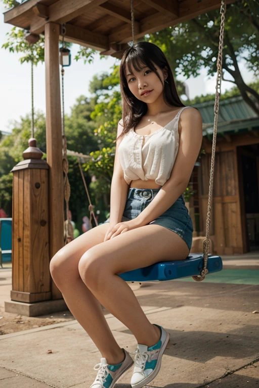 highest quality、High resolution、Super detailed、masterpiece、(Live shooting:1.5)、genuine:1.5、photogenuineistic:1.5、very delicate and beautiful、small details、1 female、(super beautiful)、(beautiful face:1.5)、(brown hair)、(sit on the slide in the park:1.3)、(Spread her legs:1.2)、(show me your white panties:1.1)、(plaid dress and short skirt)、(Clothes)、(Children playing:1.2)、(At SFW)