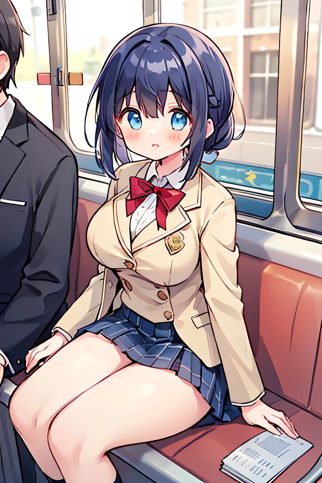 Highest Quality、high resolution、(high image quality:1.3)、masterpiece、detailed background、age beauty、huge breasts、anatomically correct、perfect body line、Bright-colored hair、braided bob cut、ponytail、 on her way to school、The uniform is a winter blazer uniform with a dark blue blazer with a red ribbon、plaid pleated skirt、Her eyes are thick、her hands are lightly placed on her lap、(girl sitting on a train seat:1.5)、cute