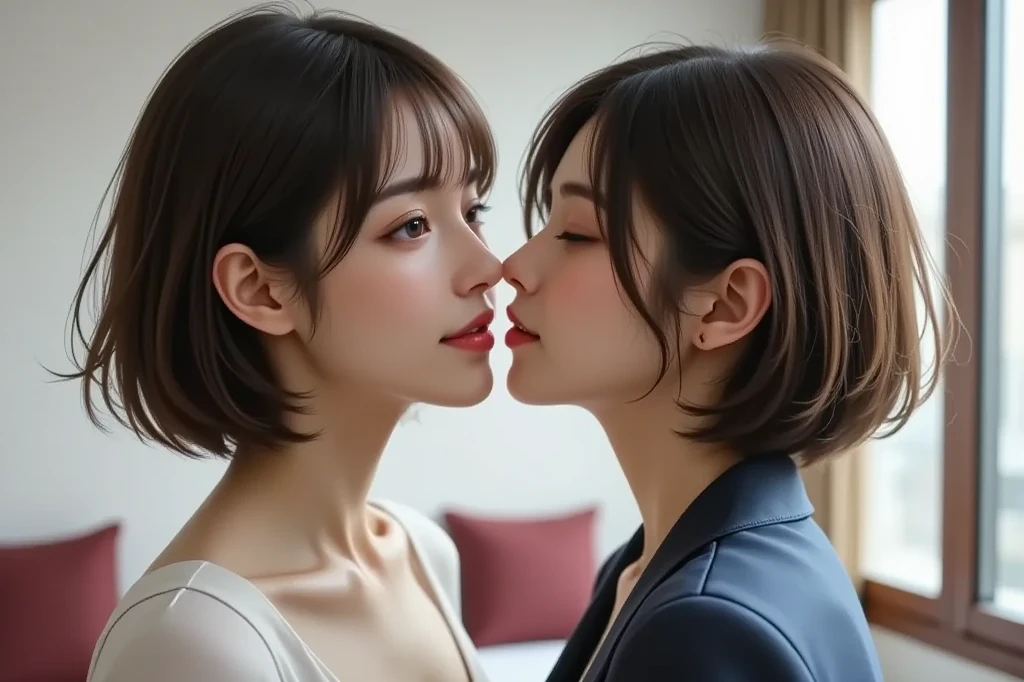 Two girls kissing in the city at night.
One of the girls has short hair , half shaved. The other girl has medium black hair.