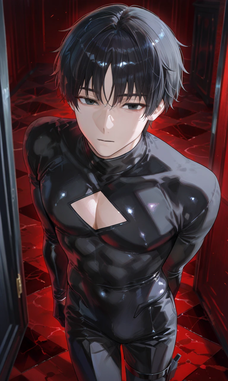 a boy in a latex bodysuit, hypnotized, blushing, feeling pleasure, bulge between legs, blank stare, in a trance, highly detailed, 8k, photorealistic, masterpiece, cinematic lighting, hyper realistic, intricate details, glowing skin, beautiful face, mesmerized expression, erotic, sensual, dramatic lighting