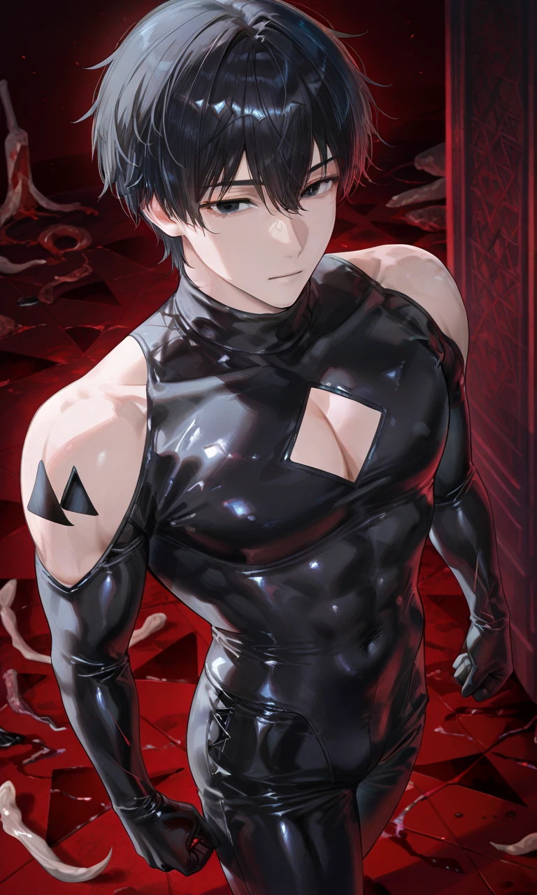 Male arab warrior, solo, medivial, black balaclava, black bandage, nude torso, thin waist, skinny body, makeup, black eyeliner, femboy, choker, light skin, black long gloves, nude penis, penis, kneeling, holds his dick, cum, cuming