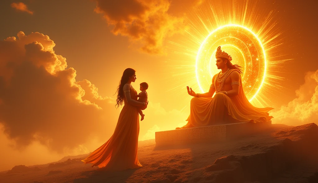  "The king, now standing before the goddess Devi, expresses his gratitude. Veeravar and his family, fully revived, stand together, their expressions peaceful and content. The temple shines with divine light, symbolizing the blessing bestowed upon the kingdom."