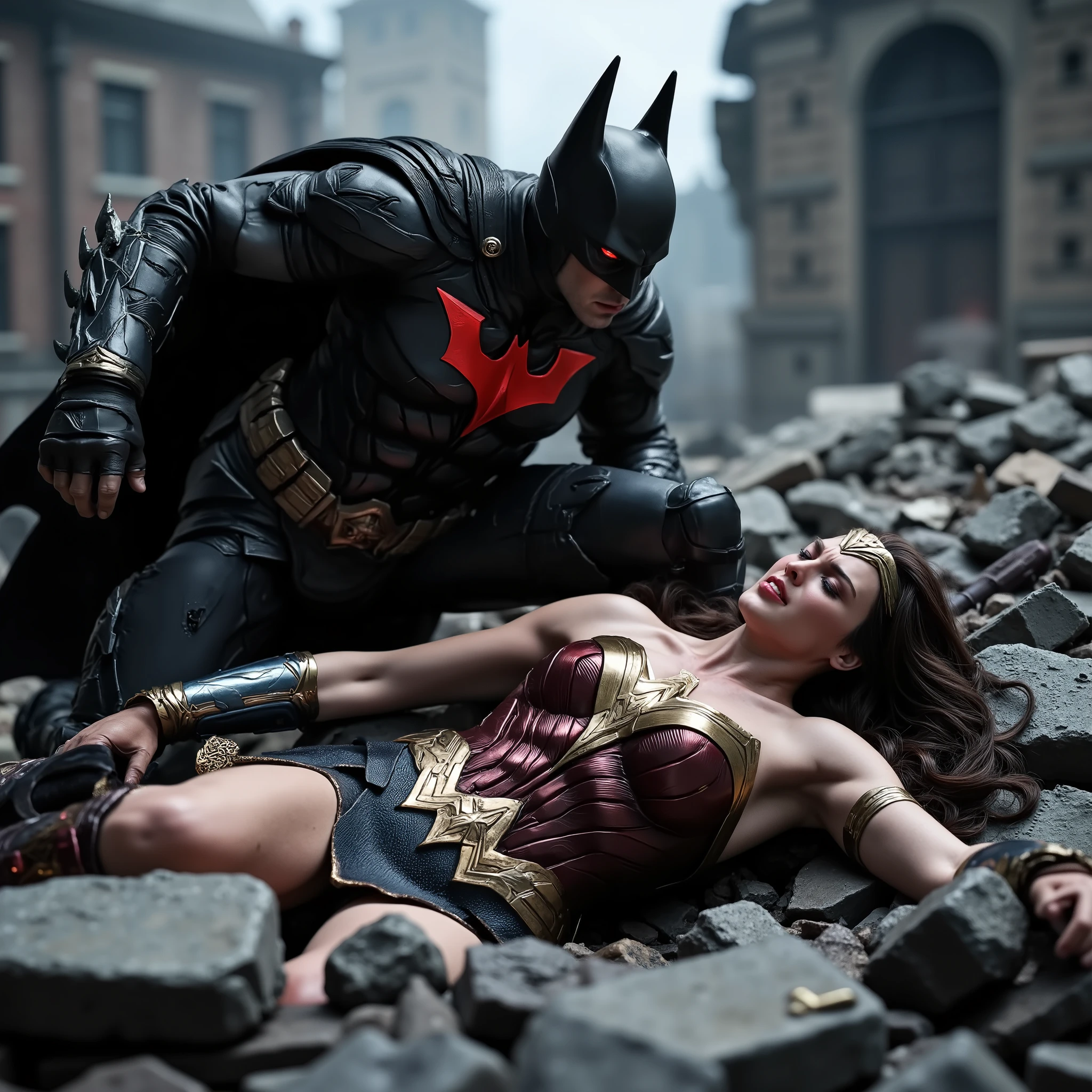 Wonder woman is laying down flat on the ruin, she is fighting with Batman and she is defeated, nervous, painful, eyes close, Batman is bending over her body, his eyes is red, red light on his eyes, whole body visible from head to feet, hyperrealism,