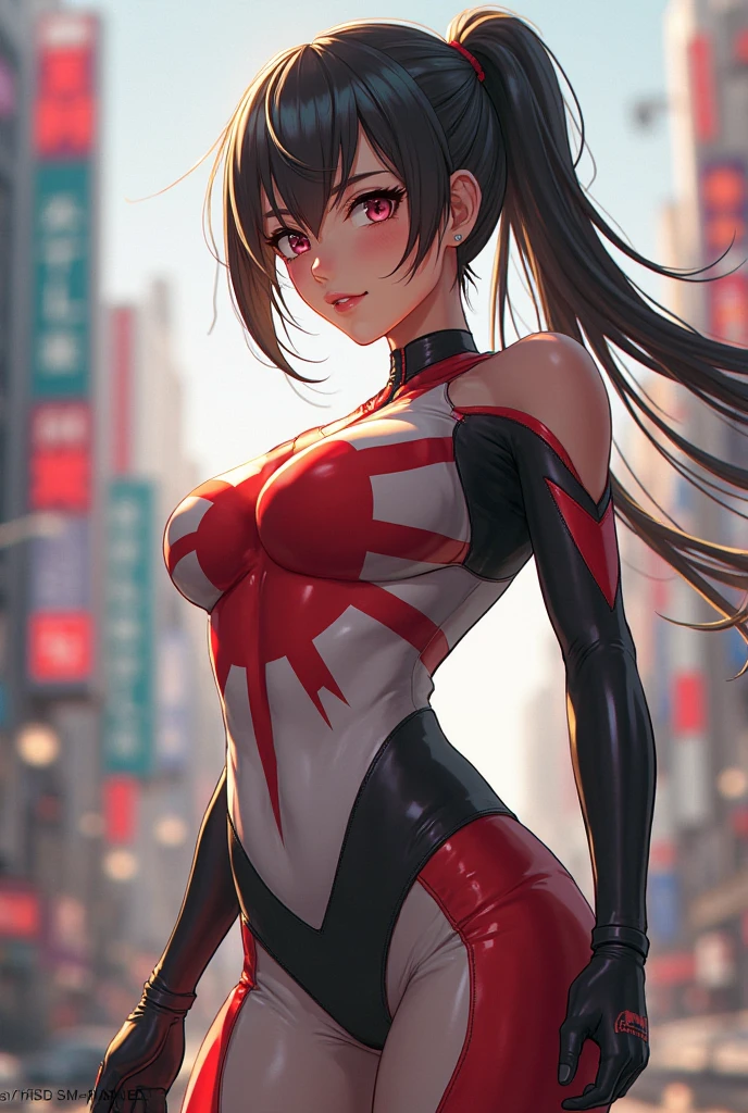 (masterpiece, best quality), intricate details, 8k, artstation, wallpaper, official art, splash art, sharp focus,, 1girl, long hair, twin tails, red eyes, brown hair, ,  spider swimsuit suit, spider web printing, spider web,  , skyscrapers, city, buildings, cars, street, upper body