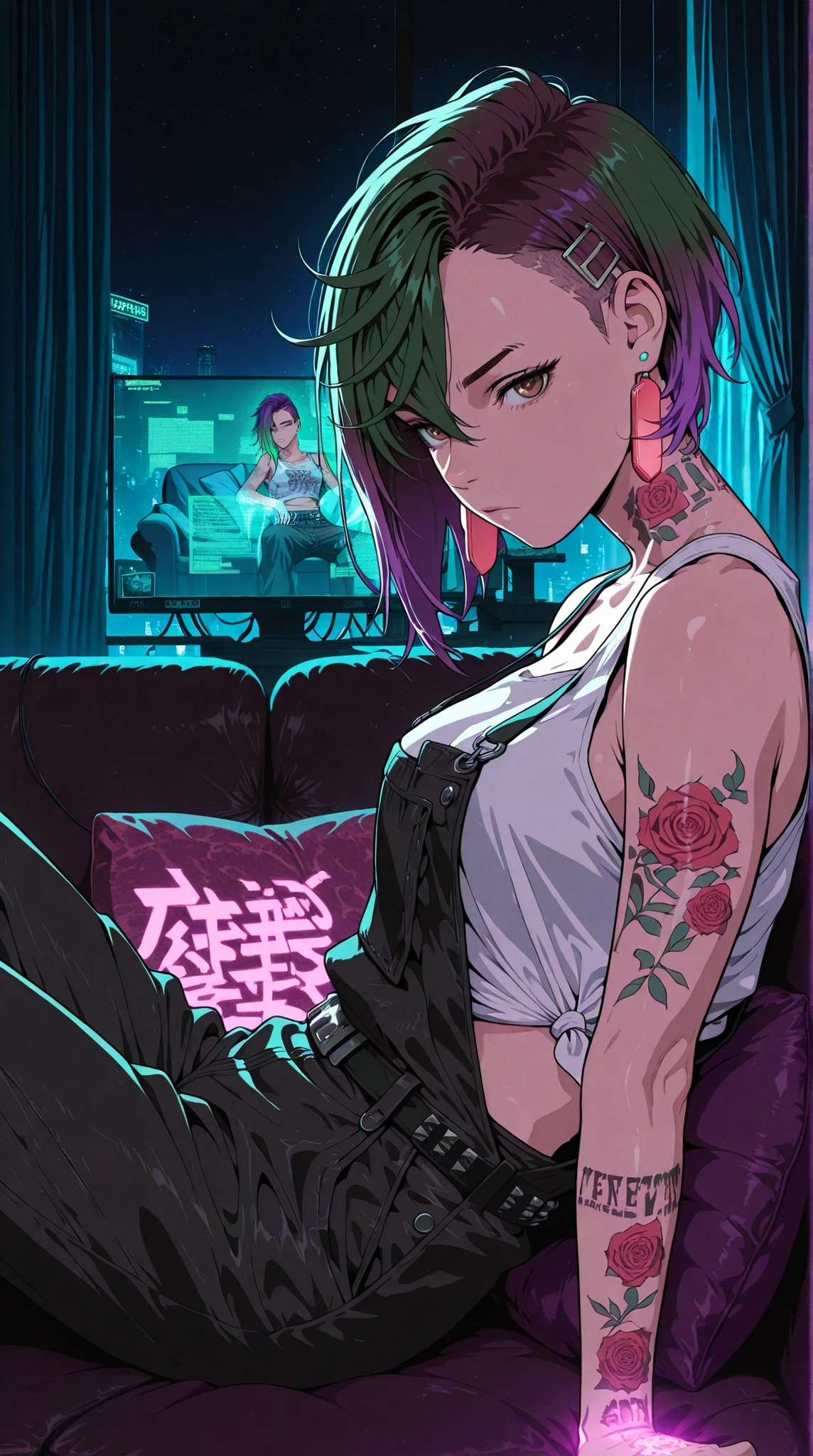 masterpiece, best quality, highres, absurdres, very awa, 1girl, solo,momo ayase like Judy alvarez, jdalvrz, neck tattoo, short hair, gradient hair, green hair, purple hair, asymmetrical hair, undercut, sidecut, , indoors, couch, sitting, from side, reclining, brown eyes, arm tattoo, black overalls, white tank top, crop top, tied shirt, bare shoulders, studded belt, living room, window, curtains, cushion, on couch, looking at viewer, night, starry sky, arm support, closed mouth, city lights, neon lights, (cyberpunk, science fiction), hologram, wire, monitor, glowing