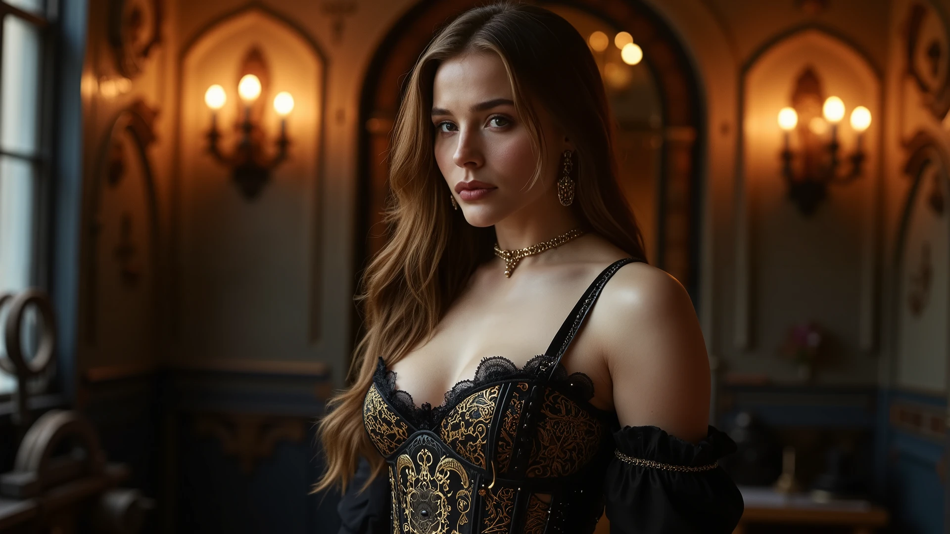 A breathtaking gothic imperial woman with a lush, bare chest adorned with delicate metal chains and ornate lace that strategically conceals her curves. She wears a luxurious, translucent corset with intricate gold filigree and dark leather accents that accentuate her hourglass figure. Her lower body is minimally covered with high, baroque-inspired straps and flowing, sheer fabrics that cascade sensually around her hips. Her long, wavy hair falls over her shoulders, partially covering her bare skin, adding an air of mystery and enchantment. She stands in a luxurious, steampunk-industrial room lit by warm, vintage gas lamps that cast soft reflections on her flawless porcelain skin. Every element of her outfit and surroundings exudes an aura of dark, aristocratic elegance and unbridled sensuality.