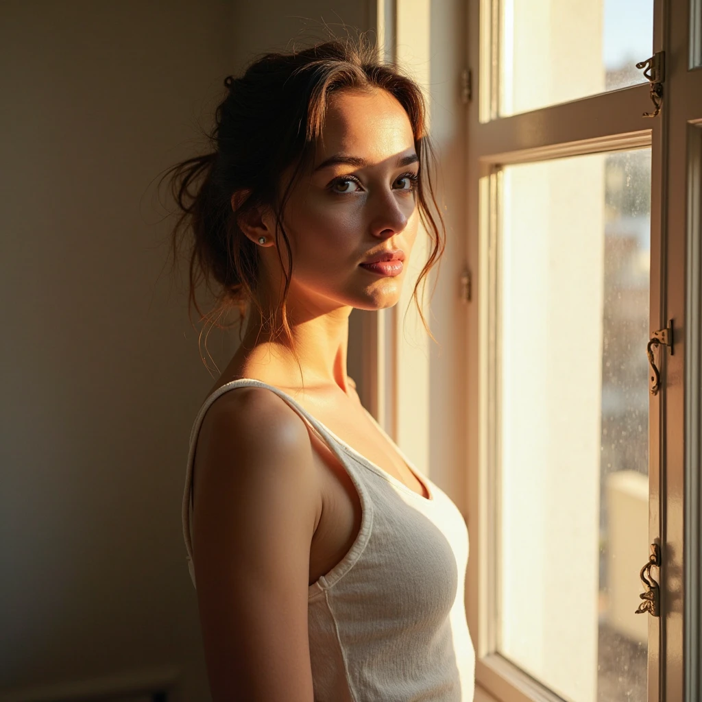 beautiful young woman, sipping coffee at the window, hyperrealism (photo-realistic: 1.2), extremely detailed, (intelligent or thoughtful expression), high definition, sharp focus, capturing every minute feature and texture of her face and the steam rising from her cups, the sunlight filtering through the window casting soft shadows on her refined features.