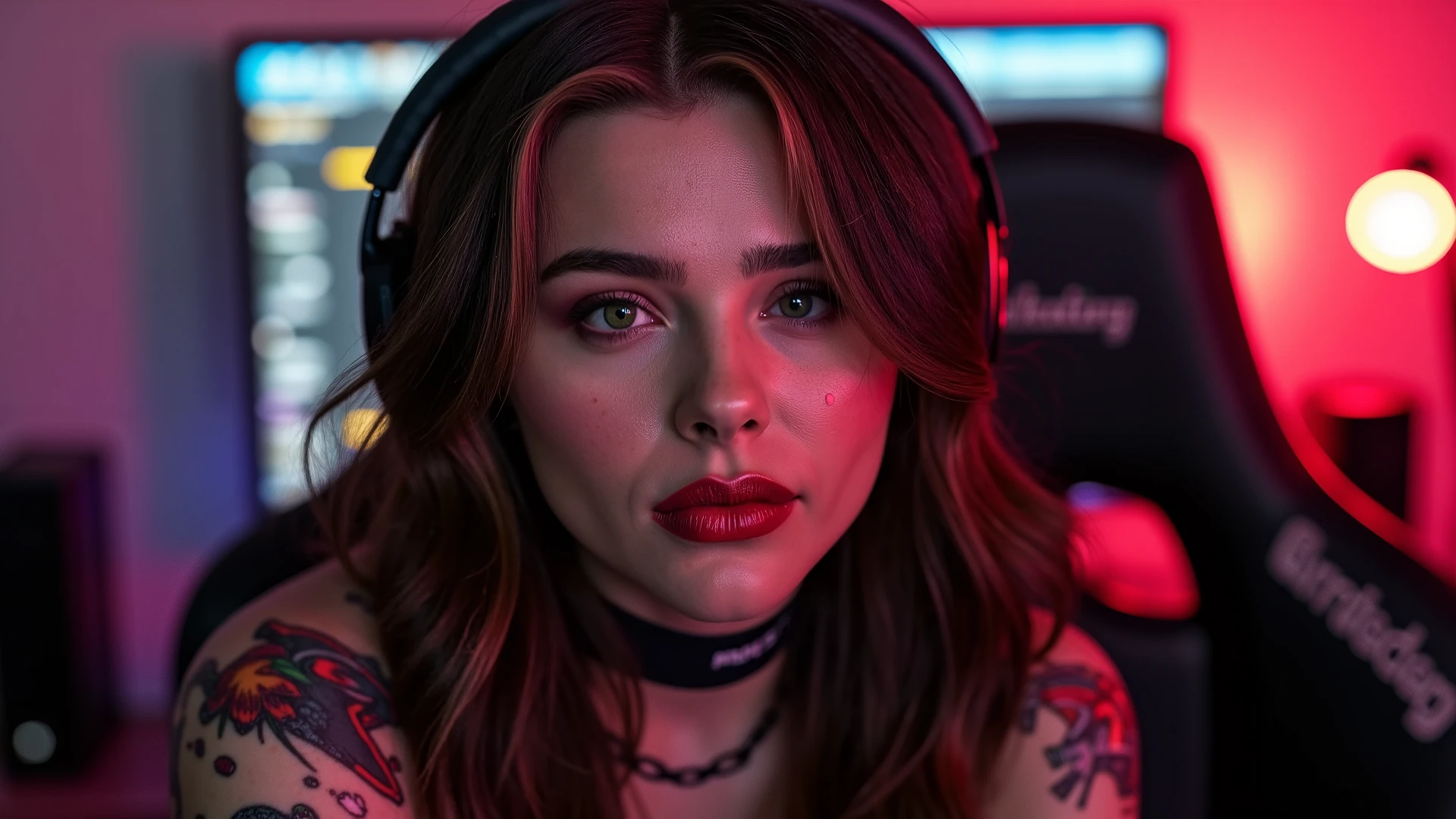 beautiful full body portrait, streamer, e-girl, extremely slutty e-girl makeup, with red lip gloss, freckles, in her room gaming, latex outfit