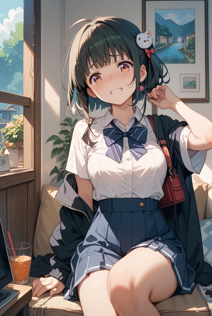 Masterpiece to the smallest detail、top-quality、realisitic、1girl in、独奏、18year old、Looks like 5 years old、140cm petite beautiful girl、small tits、5 year old baby face、Silky hair、Long、pigtails、Pink and violet mesh、Tall, big eyes、Outstanding looks、A lovely child、proximity、closed_mouth、a smile、red blush、full of shyness、blue headwear、Hats、pink bowtie、校服、 Blue Blazer、blazers、Pretz skirt、grey skirt、Silk blouse、White blouses、an legs、Black socks、sitting on、Classroom、hair_ornament、looking_at_viewer、beatiful detailed eyes、Realistic eyes、panties on、unclear、Professional effects、unclear、Enhanced elegance、Innocent、wretched、maidennurse
