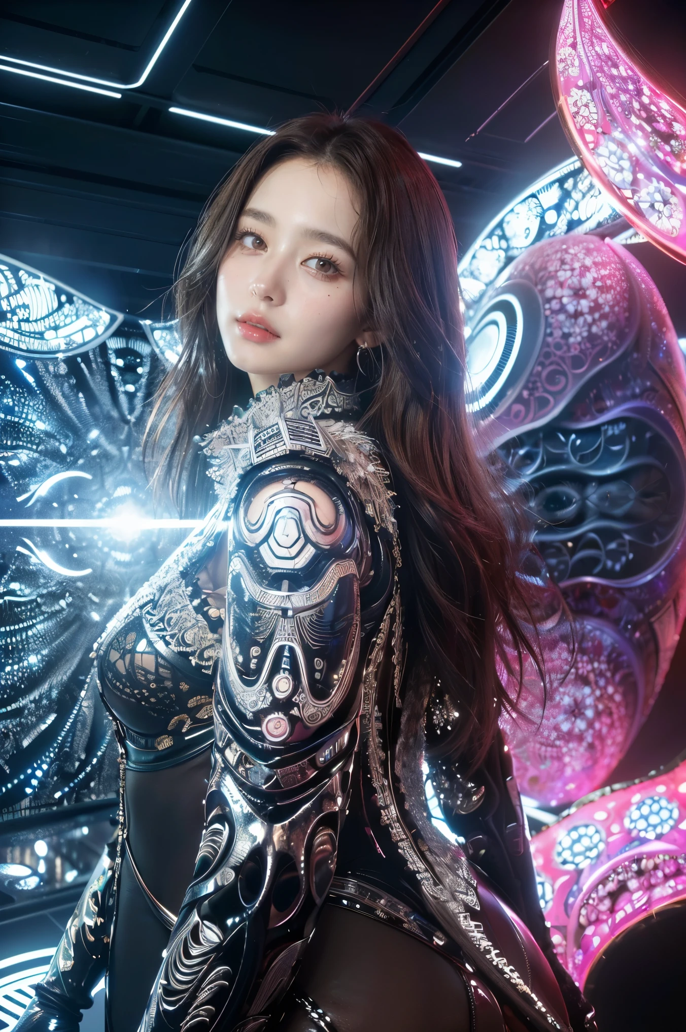 (masterpiece, top quality, best quality, official art, beautiful and aesthetic:1.2), (1girl), (fractal art:1.2),absurdres, highres, ultra detailed, Ultra-precise depiction, solo, (zentangle:1.2), floating hair, shiny skin, (abstract:1.2), pantyhose,looking at viewer, cyberpunk robot, complex robot, halo,