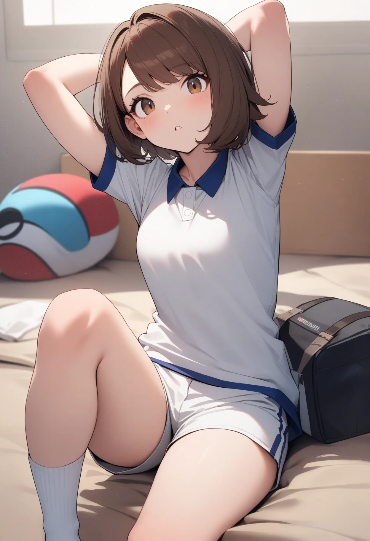 gym storeroom, higure, ahoge, brown hair, blue eyes, braid, hair ornament, hair over shoulder, long hair, single braid, hair flaps, (masterpiece, best quality:1.2), illustration,8k,hd,long hair, single braid