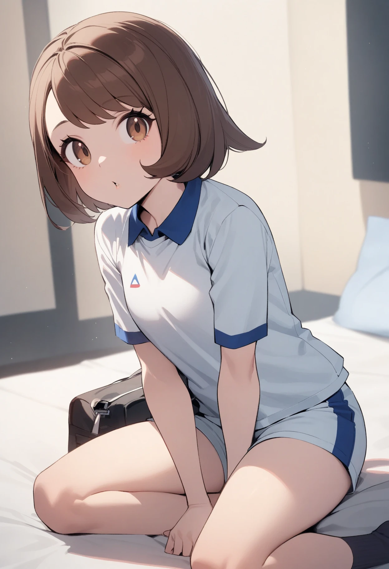 woman,12 years old,brown hair,White and blue silk basketball uniform,short hair,blue eyes,Mansuji, laughter,,I can see my underwear,Full body Esbian, (close shot, highest quality, High resolution, 4k, detailed lighting, shader, NSFW), smile, ( blush:1.2)sit on top,spread your legs wide open, on the thighs