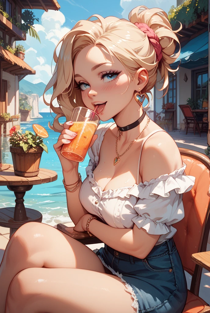 (8K, RAW photos, best quality, masterpiece:1.2), (realistic, photo-realistic:1.3)、((1 woman)), 20 year old Japanese woman with a beautiful face.、hair is gray、Eye color is dark blue, smile, high definition face, Curly short hair, (((Drinking beer at a beach cafe.)), (((pink short sweetheart neck, She's wearing a white skinny outfit and turns around to show her butt..))), glowing skin, photometry, (((slim body))), Vivid colors,